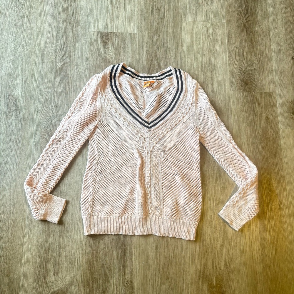 Tory Burch Crochet Knitted V Neckline Pullover Sweater Pink Navy Blue Stripe
